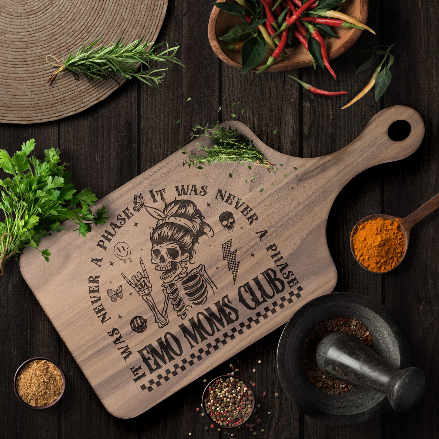Emo Moms Club Skeleton Design - Wood Charcuterie Cutting Board