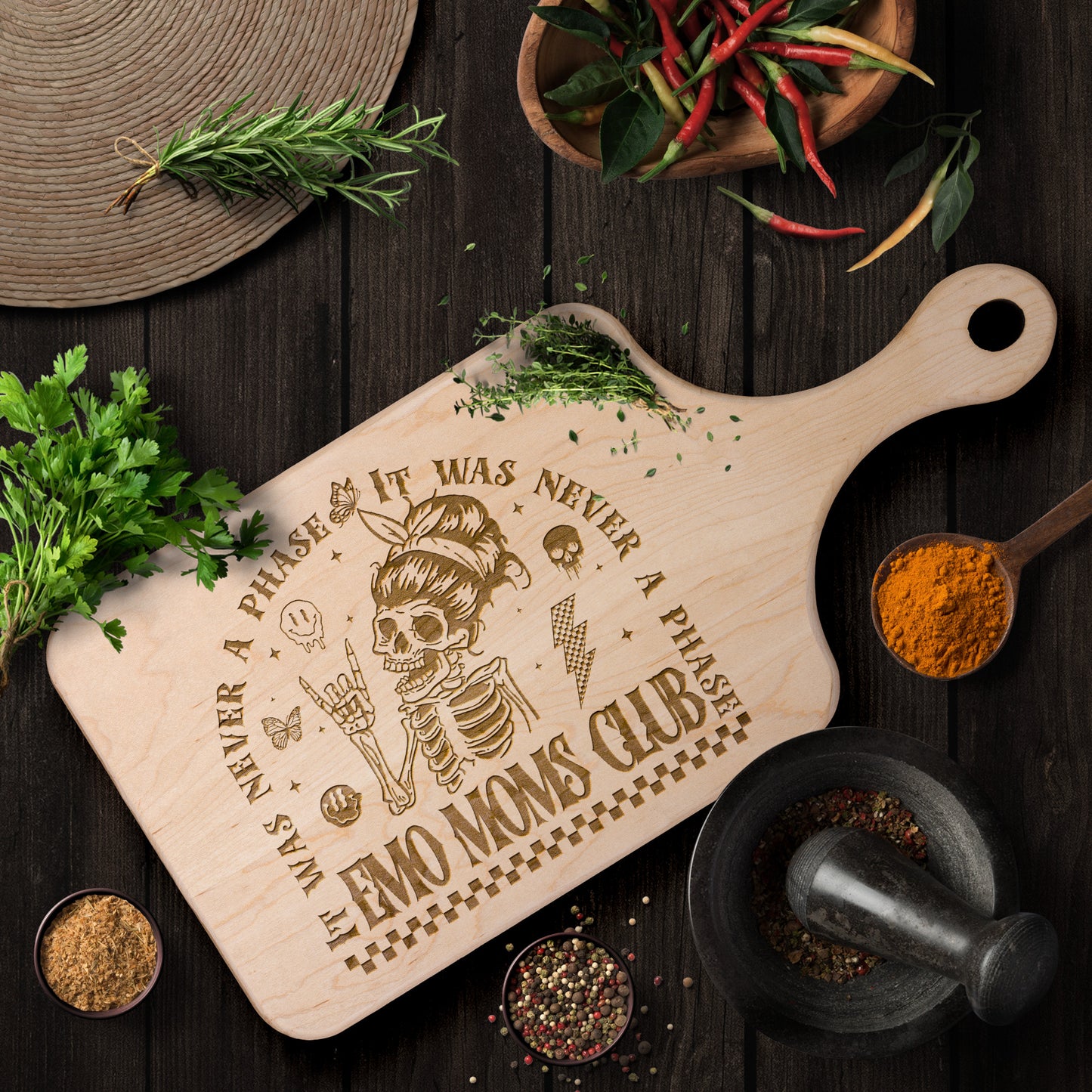 Emo Moms Club Skeleton Design - Wood Charcuterie Cutting Board