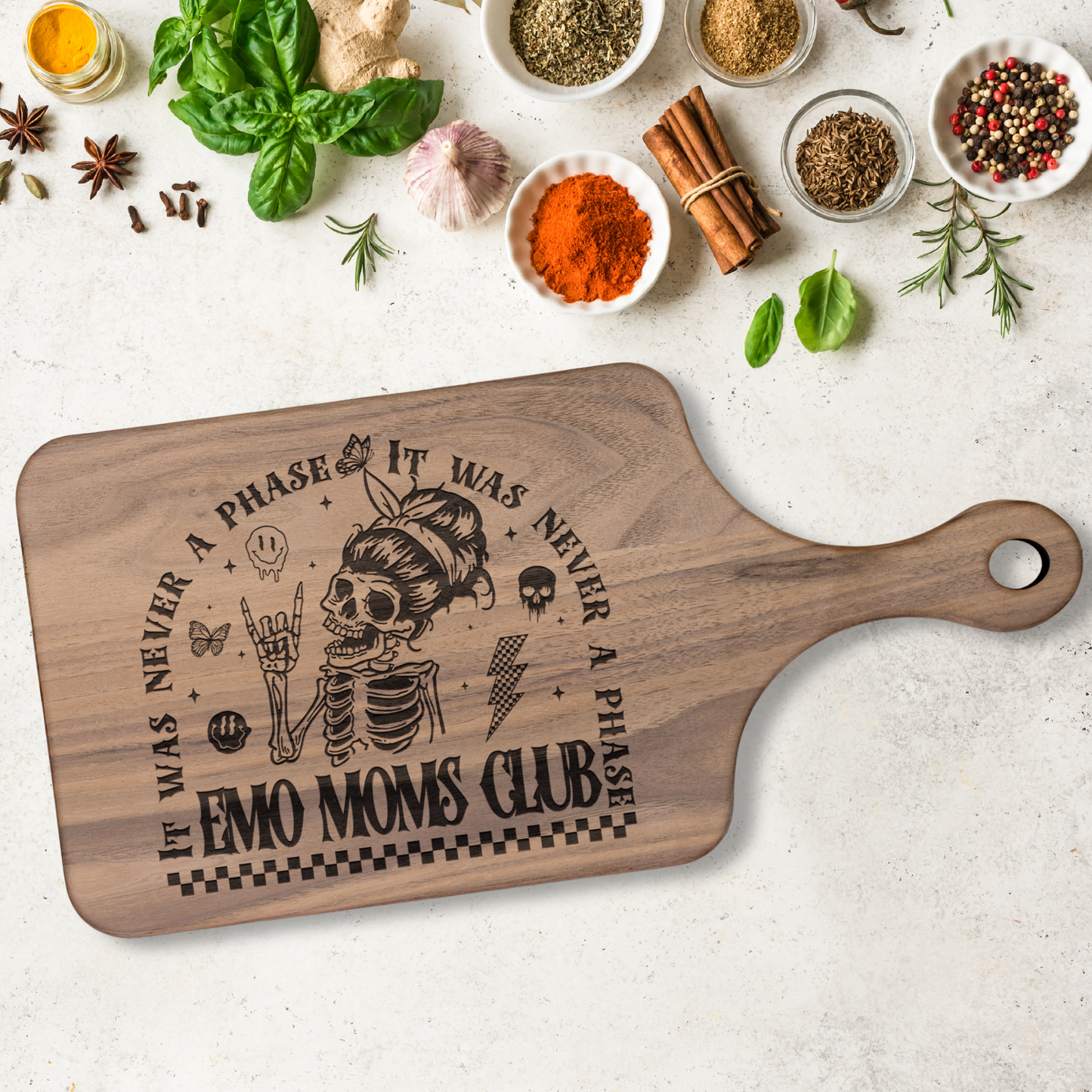 Emo Moms Club Skeleton Design - Wood Charcuterie Cutting Board